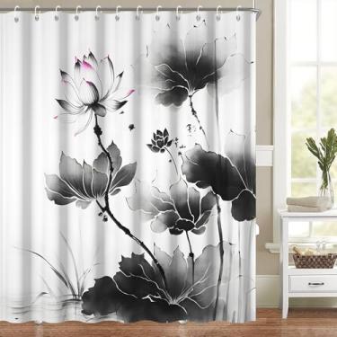 Imagem de Conjunto de cortina de chuveiro com pintura de tinta asiática, tema lótus, pintura de tinta chinesa, cortinas de banho, moderna, chique, estética, decoração de banheiro, lavável na máquina, tecido de