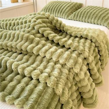 Imagem de Cobertor de lã para sofá, cama, decoração de casa, cobertor aconchegante de flanela de pelúcia macio com listras decorativas para adultos, mulheres, meninas (verde, Queen (203 x 228 cm))