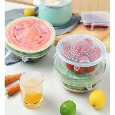 Imagem de Protetores de alimentos de silicone reutilizáveis, tampas elásticas de 6 peças para tigelas e pratos (6 a 21 cm), conjunto de capa elástica à prova de vazamento de grau alimentício para armazenamento