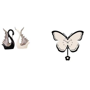 Imagem de Whtkoph Elegante Conjunto de Escultura de Cisne em Cerâmica E Relógio de Parede com Borboleta em Acrílico, Ideal para Escritório, Sala de Jantar, Estante, Ani