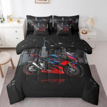 Imagem de Erosebridal Conjunto de cama solteiro de 7 peças Dirt Bike, motocicleta motocross em uma bolsa, conjunto de cama com tema de esportes radicais inclui edredom, conjunto de lençol, fronhas e fronhas