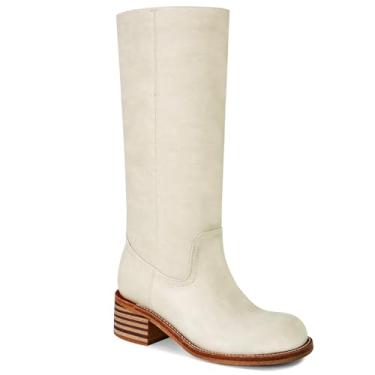 Imagem de UBWDU Botas femininas na altura do joelho, salto grosso, botas longas, bico quadrado, salto baixo, para mulheres, Bege, 37