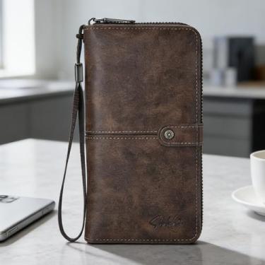 Imagem de Carteira masculina moderna marrom escuro com zíper de couro macio brilhante fácil de carregar, design moderno marrom escuro com zíper curto com couro macio brilhante e tamanho compacto de fácil