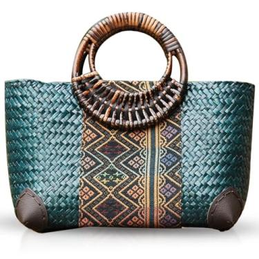 Imagem de QTKJ Bolsa de praia para mulheres, sacola de vime feita à mão, alça redonda de bambu, bolsa de tecido de palha com padrão retrô, bolsa grande de férias de verão na praia (azul), Azul, Large