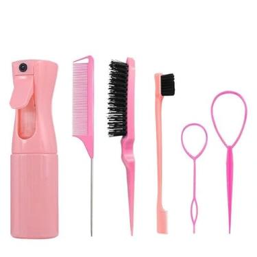 Imagem de Conjunto de ferramentas para pentear cabelo rosa com 6 peças, Topsy Tail Loop Maker e kit de trança com pente e escova para mulheres e meninas, cria um rabo de cavalo fácil e penteados updo