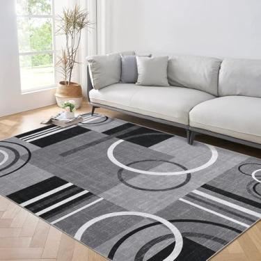 Imagem de GarveeHome Tapete lavável, 7,5 x 12,7 cm, moderno, abstrato, círculo, antiderrapante, antiderrapante, resistente a manchas, tapete de piso baixo, para sala de estar, quarto, sala de jantar, cinza