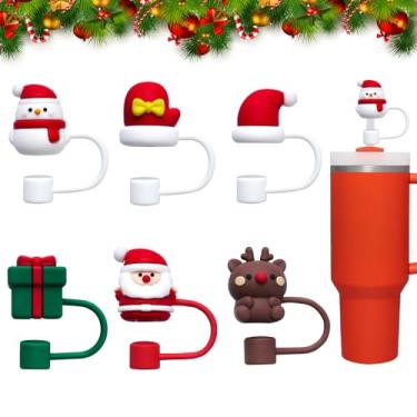 Imagem de Tampa de palha de Natal 6 peças para copo Stanley de 30 e 4 oz, copo, tampa de canudo de silicone para garrafa de água serve para canudos reutilizáveis de 10 mm, capa fofa com pontas de canudo