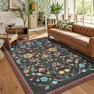 Imagem de Tapete lavável para sala de estar, tapete floral para quarto, macio boho antiderrapante com parte traseira de borracha, tapete floral vintage resistente a manchas para sala de jantar, vermelho