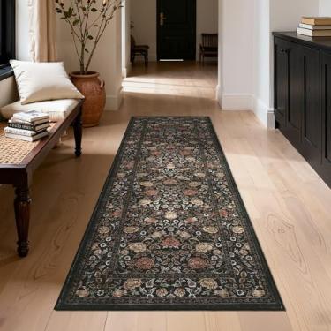Imagem de GarveeHome Tapete floral lavável, 5 x 15 cm, marrom para corredores, boho, pilha baixa, antiderrapante, resistente a manchas, tapete longo vintage para entrada, quarto, casa de fazenda