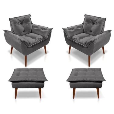 Imagem de Kit C/02 Poltronas opala + 02 Puff Opala Elegante Suede Cinza Escuro -