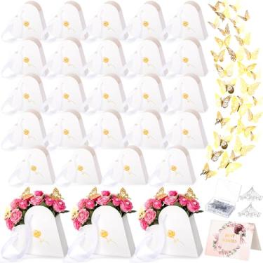 Imagem de Fullhawl 24 conjuntos de caixas de presente de flores em forma de coração para dia dos namorados, balde de armazenamento com 72 borboletas douradas, 100 broches de flores e 24 cartões comemorativos
