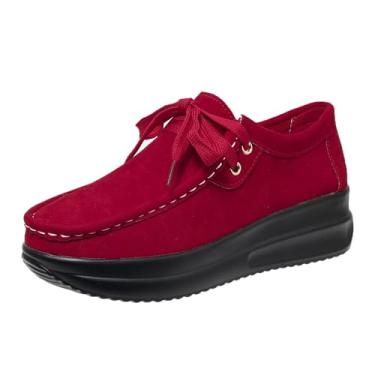 Imagem de Sapato feminino fashion casual primavera e mocassins cor sólida bico redondo cadarço slip-on sola grossa salto plataforma sapatos, Vermelho, 35