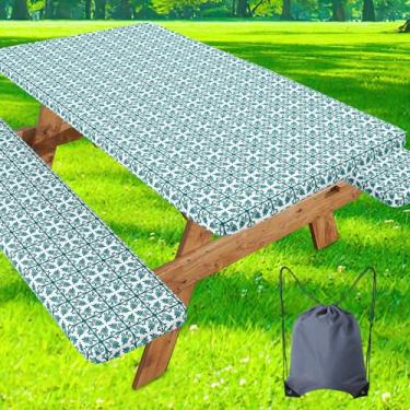 Imagem de misaya Toalha de mesa de piquenique com capa de banco, toalha de mesa elástica impermeável para mesas de 1,8 m, toalhas de mesa retangulares de poliéster laváveis para piquenique, acampamento, ao ar