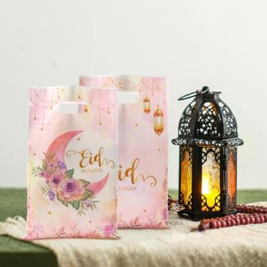 Imagem de 25 peças de sacos de presente Eid Mubarak, estampa de lua rosa, tema Ramadã, sacolas de doces de plástico com alça, bolsa de lanche para lembrancinhas de festa islâmicas muçulmanas, decorações de