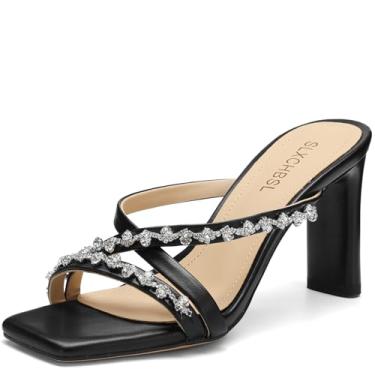 Imagem de SLXCHBSL Sandálias femininas de salto alto com tiras abertas quadradas com strass de 8,2 cm de salto alto grosso para festas, casamentos, uso casual ou diário, Preto, 39
