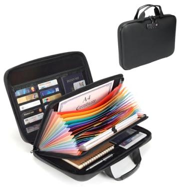 Imagem de Calenzana Caixas de armazenamento à prova de fogo, organizador de arquivos com trava rígida, caixa de documentos com 16 bolsos, armazenamento seguro para viagem e escritório doméstico portátil para