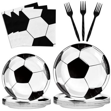 Imagem de HAOHIYO Kit de suprimentos de festa de futebol com 96 peças, inclui pratos de jantar, guardanapos, garfos para decorações de festa de aniversário de futebol