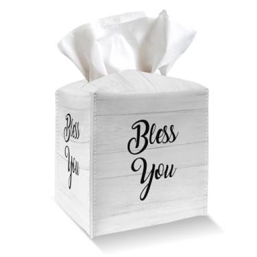 Imagem de Suporte para caixa de lenços - Bless You Capa de caixa de lenços de couro PU com cinto inferior, dispensador organizador de papel facial quadrado para mesa, banheiro, cozinha, carro e escritório -026