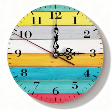 Imagem de Relógio de parede de madeira Shiplap listrado vibrante - silencioso, sem tique-taque, amarelo, branco, azul-petróleo, vermelho, decoração de casa - 19 cm