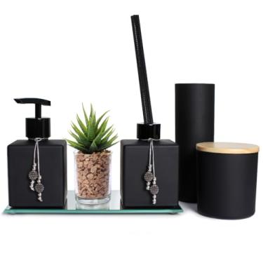 Imagem de Kit Lavabo Banheiro Luxo Londres com Bandeja Espelhada, Aromatizador de Ambiente, Saboneteira e Porta Escovas(Preto)