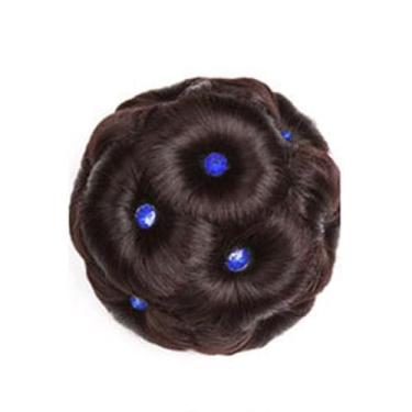 Imagem de Coque sintético de cristal Scrunchie moderno coque de donut encaracolado vintage flores naturais postiças de cabelo femininas (marrom escuro-azul)
