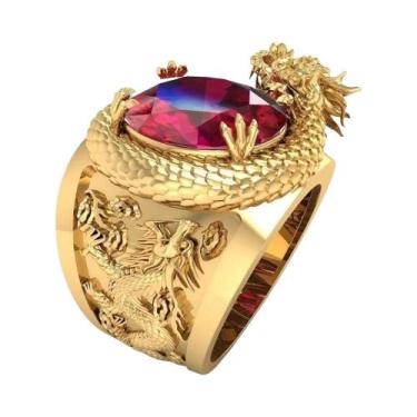 Imagem de Anel Masculino Com Padrão De Dragão Dourado, Grande Pedra Oval Vermelh