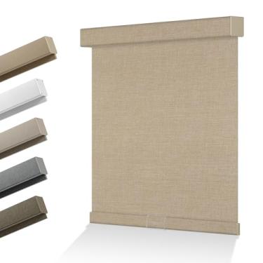 Imagem de HOTSOON Cortinas de rolo blackout para persianas internas, sem fio, tecido de linho, tecido com isolamento térmico, persianas de proteção UV para casa, escritório, porta, quarto, preto, bege, 56 cm L