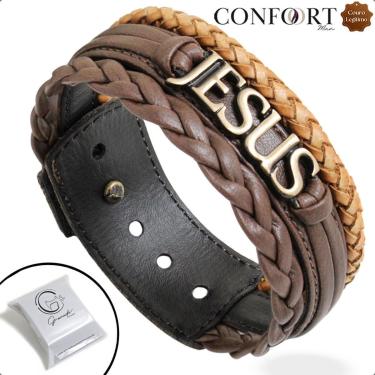 Imagem de Pulseira Ajustável De Couro Marrom e Preto Masculina Pai Ouro Velho Prata-Unissex