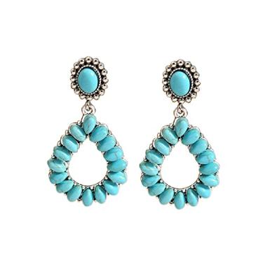 Imagem de Brincos de gota geométrica turquesa ocidental boêmia pingente grande argola oval gota pedra natural para mulheres meninas étnica vaqueira declaração de férias boho jóias, Pedra Cristal Pedra Cristal Metal, Pedra