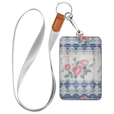 Imagem de Burbuja Porta-crachá de couro com cordão, etiqueta de identificação floral retrô com 1 janela transparente para identidade e 2 compartimentos para cartão para escritório, enfermeira, professor, médico