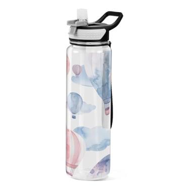Imagem de xigua Balões de ar quente aquarela, garrafa de água com tampa de palha, garrafas de água transparentes à prova de vazamentos para esportes ao ar livre, beber fitness, treino, viagem, 940 ml