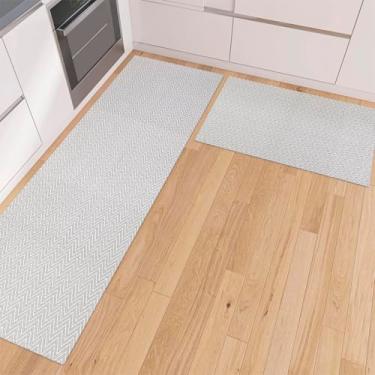 Imagem de Kit Tapetes Cozinha Chevron Cinza Jogo 2 Peças Antiderrapante Passadeira Capacho Emborrachada Rústico Artesanal 100% Algodão