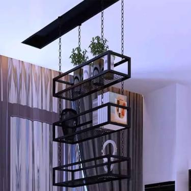 Imagem de Suporte de vaso de plantas suspenso com corrente de ferro e moldura - Rack de armazenamento de cozinha elegante e suporte de vinho para varanda, bar, floricultura - 1 peça (60 x 25 x 15 cm)