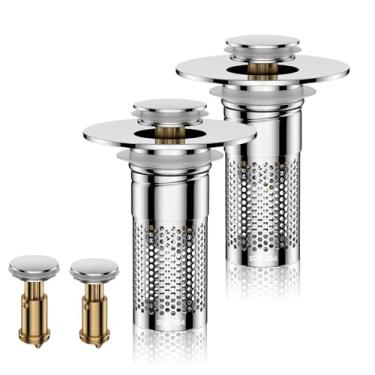 Imagem de Filtro de ralo de pia de banheiro, coador de ralo de pia pop-up para padrão universal dos EUA, rolha de pia coletora de cabelo com cesta de filtro de aço inoxidável removível