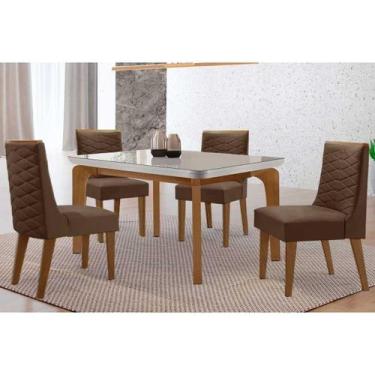 Imagem de Sala Jantar Mesa Londrina Tampo c/ Vidro Curvo 120cm 4 Cadeiras Dafne 