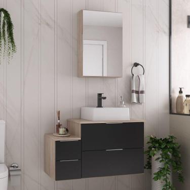 Imagem de Conjunto Gabinete Banheiro Nivus 80 (gabinete+espelheira+cuba) Madeirado Preto