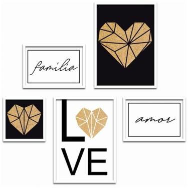 Imagem de Conjunto Quadros Decorativos 5 Peças Família Coração Titulo Moldura Branca