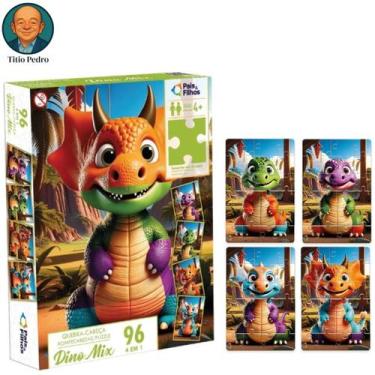 Imagem de Kit 4 Quebra Cabeça Infantil Dino Mix Dinossauros Pais e Filhos 96 Peç