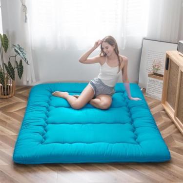 Imagem de Colchão de chão japonês, colchão futon, tapete de tatame espesso, almofada de dormir, dobrável, colchão dobrável, dormitório para meninos e meninas, almofada, travesseiro, turquesa, tamanho solteiro