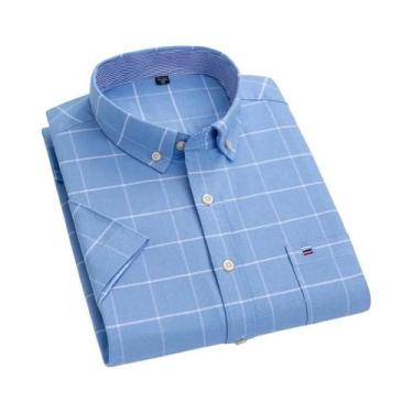 Imagem de Camisa Oxford Masculina 100% Algodão Xadrez Manga Curta Corte Regular 