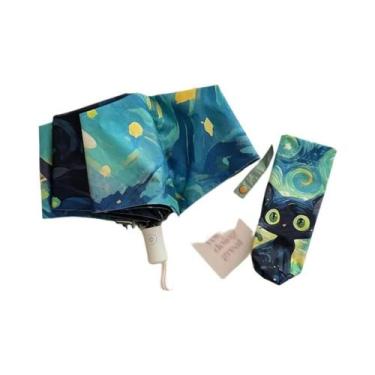 Imagem de Guarda-chuva Dobrável Feminino Azul Verde Roxo Com Estampa De Gato Car