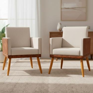 Imagem de Kit 2 Poltronas Decorativas Lis Para Sala Quarto Recepção Linho Corino Assento Confortável Pé Palito Castanho