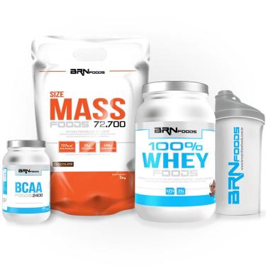 Imagem de Kit Size Mass 3kg + 100% Whey Foods 900g Baunilha + BCAA Fit 120tabs + Coqueteleira - BRNFOODS-Unissex