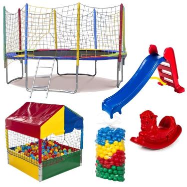 Imagem de Kit Playground Infantil Pula Pula 3,05M Piscina de Bolinhas 1,00M 500 Peças Aço Galvanizado Proteção UV Escada