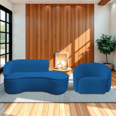 Imagem de Kit Divã Recamier Orgânico Marrocos 160cm Lado Direito E 1 Poltronas Amore Linho Azul Royal