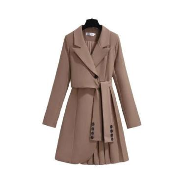 Imagem de Vestido Plissado De Manga Longa Feminino Moda Coreana Em Caqui, Branco