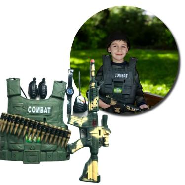 Imagem de Brinquedo Kit Policial Colete com Rifle e Acessórios Verde Militar Educativo com Bússola, Granadas e Rádio Utimix