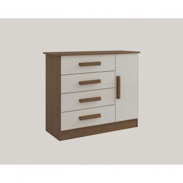 Imagem de Cômoda Firenze 4 Gavetas com Porta em MDF com Puxador de Madeira Off White e Castanho
