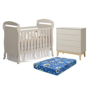 Imagem de Berço Americano Danny Com Colchão Ortobom E Cômoda Gaveteiro Elfe Classic Areia Acetinado Natural - Reller