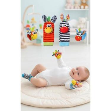 Imagem de Kit 4 Pçs Meias e Pulseiras Chocalho Bebê Animal Colorido - Congratula